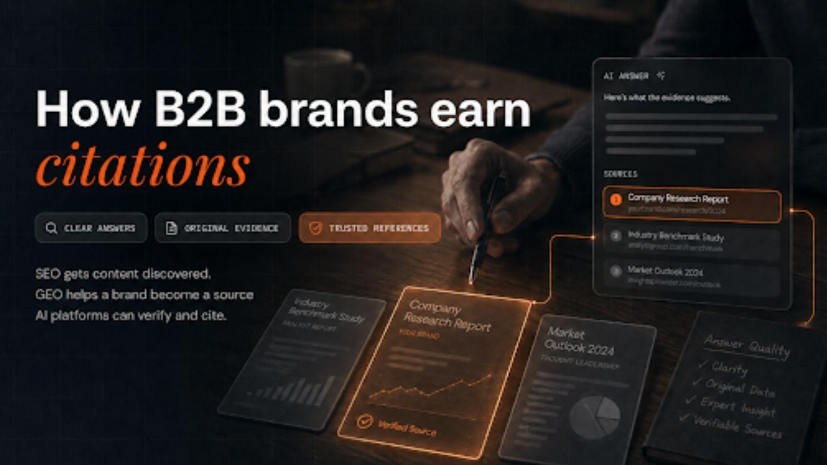 Editorial graphic showing how B2B brands earn AI citations through clear answers, original evidence, and trusted references.